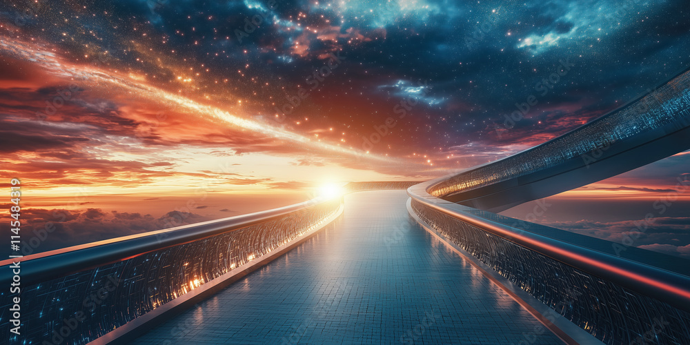 Fototapeta premium A Journey to the Future: Long Pathway Leading Toward a Bright Horizon, Symbolizing AI Community Growth with Urban Elements