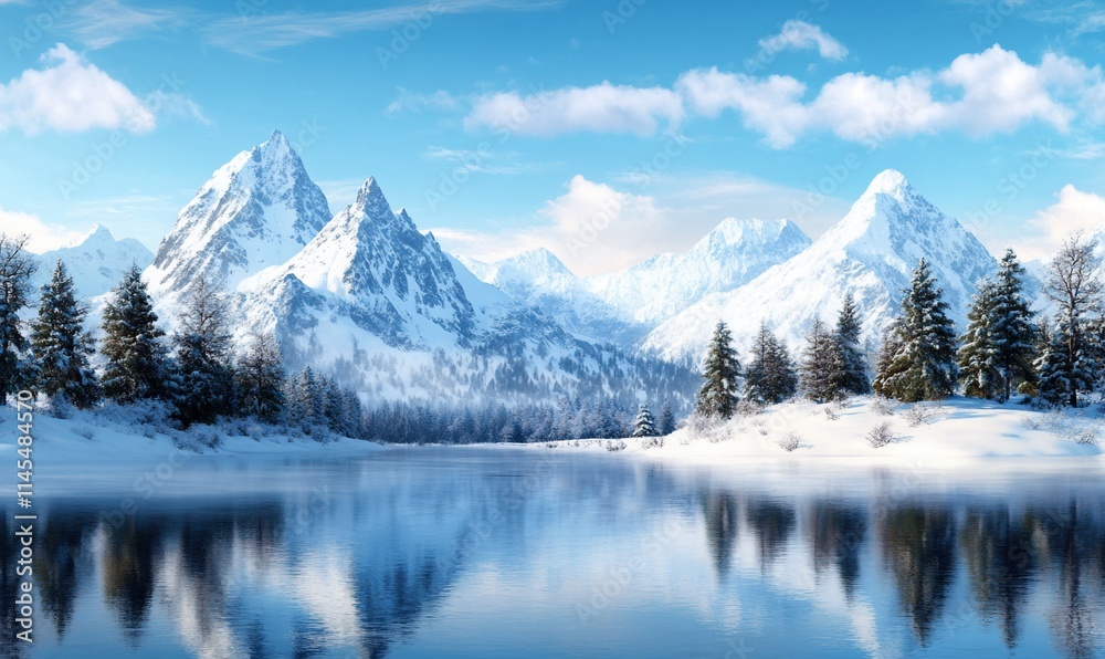 Serene winter landscape with mountains and a reflective lake. Serene winter landscape with mountains and a reflective lake.