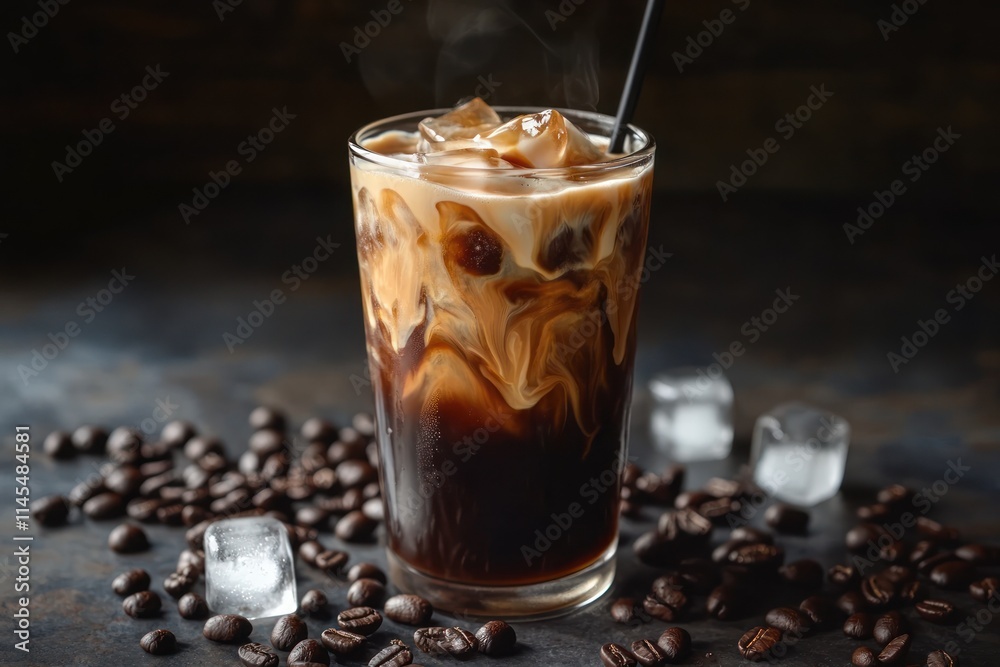 A glass of iced coffee with swirls of cream, surrounded by coffee beans and ice cubes. A glass of iced coffee with swirls of cream, surrounded by coffee beans and ice cubes.