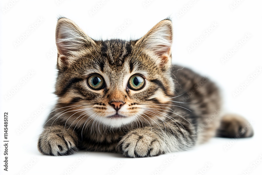 Fototapeta premium Adorable tabby kitten lying down, looking directly at camera on white background.