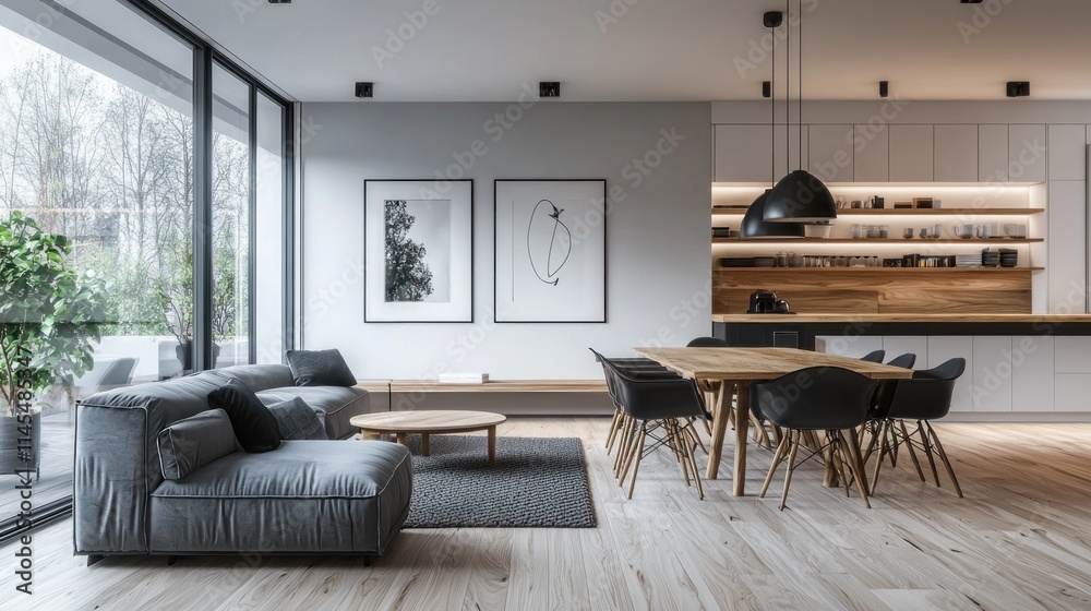 Fototapeta premium Modern living room and dining area with sleek furniture and natural light.