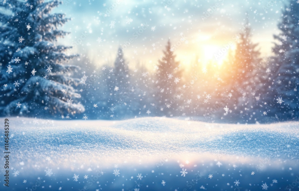 A serene winter landscape with falling snow and a sunset behind evergreen trees. A serene winter landscape with falling snow and a sunset behind evergreen trees.