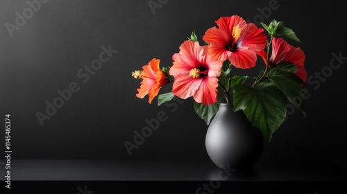 A bouquet of tropical hibiscus flowers in a modern ceramic vase on a white marble countertop, side view shot, Contemporary style