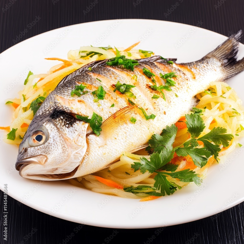 Grilled Sea Bass with Saut?ed Vegetables on White Plate Grilled Sea Bass with Saut?ed Vegetables on White Plate