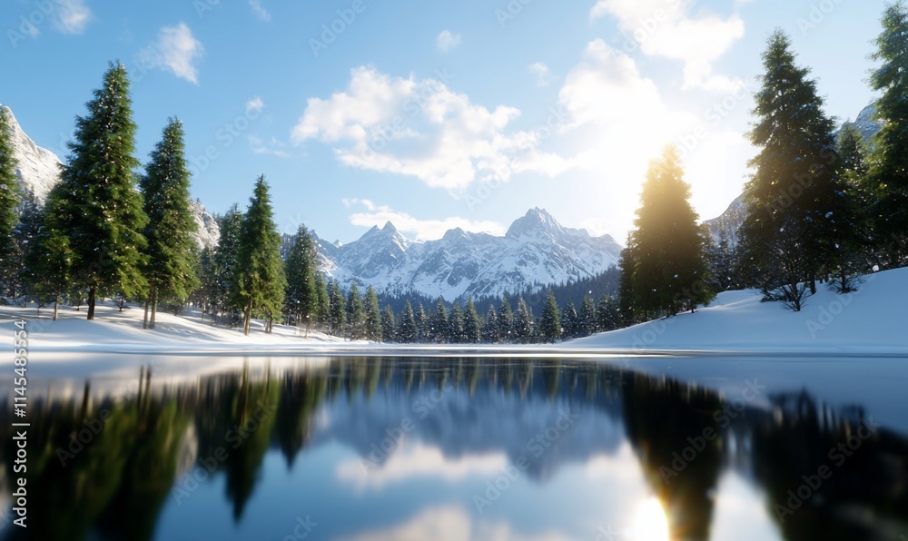 Serene winter landscape with mountains, trees, and a reflective lake. Serene winter landscape with mountains, trees, and a reflective lake.