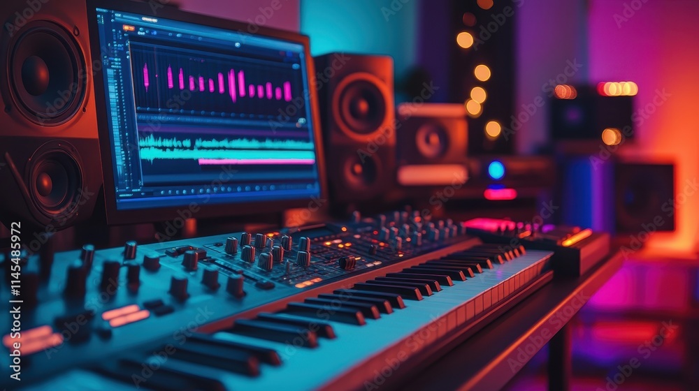 Synth keyboard and music studio setup with colorful lighting. Ideal for music production, album art, or technology themes. Synth keyboard and music studio setup with colorful lighting. Ideal for music production, album art, or technology themes.