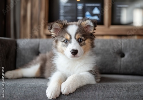 Adorable puppy with striking blue eyes relaxing on a stylish couch in a modern interior, capturing the essence of comfort and companionship in a cozy setting