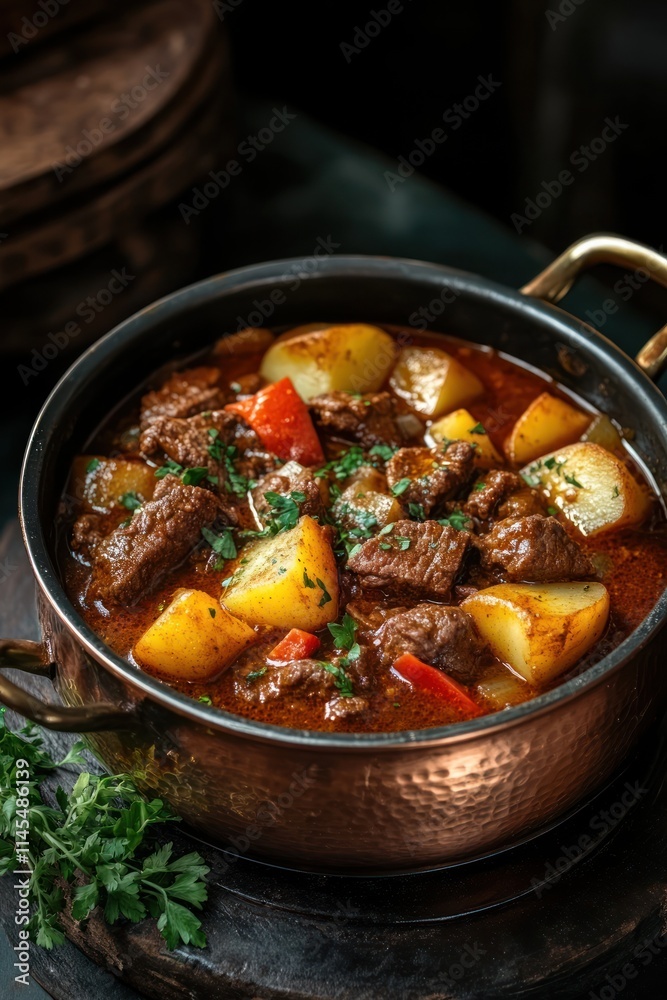 A hearty beef stew with potatoes and vegetables in a copper pot, garnished with herbs.