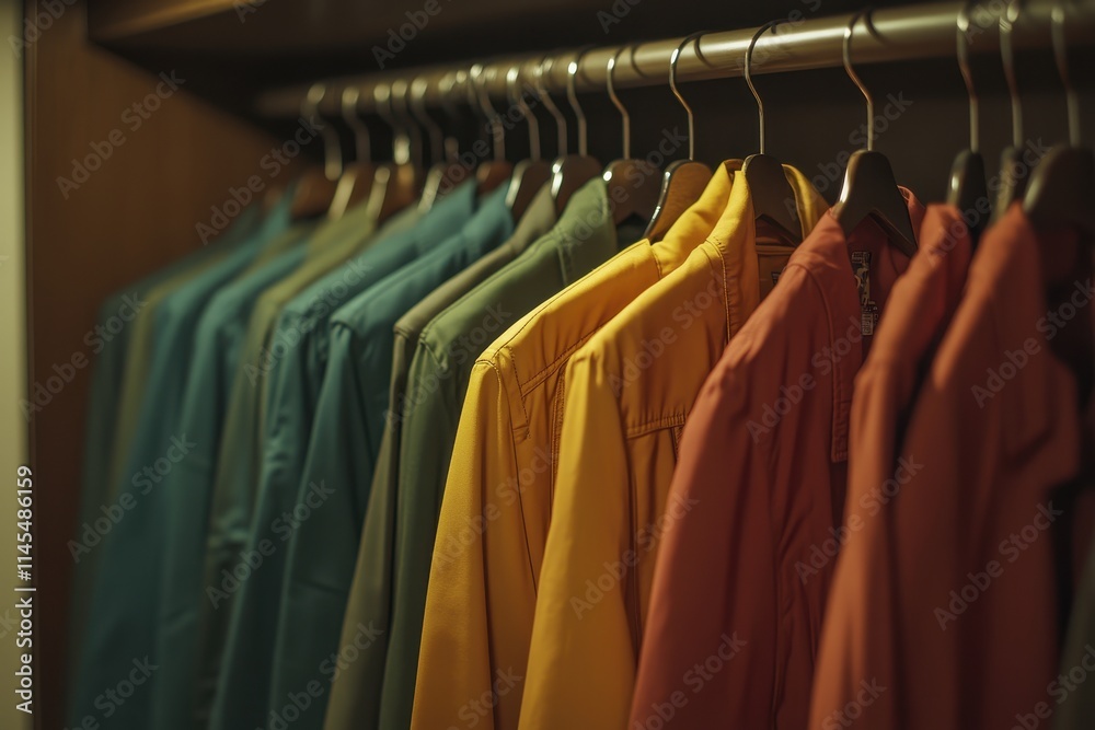 Colorful jackets hang neatly in a closet. Perfect for illustrating organization, fashion, or retail concepts. Colorful jackets hang neatly in a closet. Perfect for illustrating organization, fashion, or retail concepts.