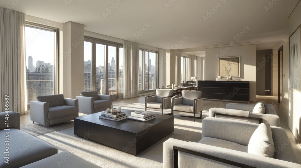 Modern living room with large windows and elegant furnishings, showcasing urban views. Modern living room with large windows and elegant furnishings, showcasing urban views.