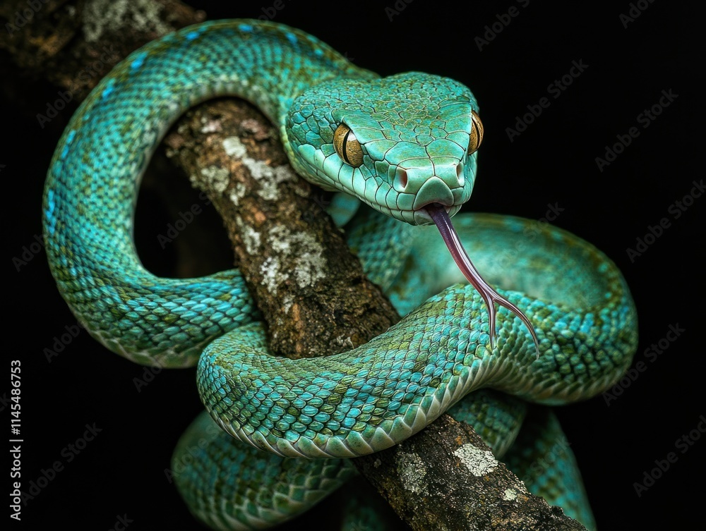 A vibrant green snake coiled around a tree branch, showcasing its striking colors and features. A vibrant green snake coiled around a tree branch, showcasing its striking colors and features.