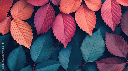 Micro foliage concept. Vibrant autumn leaves in various shades create a stunning natural pattern. photo