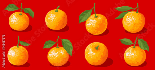 Collection of orange sweet tangerines with green leaves isolated on white background. Fresh ripe fruit. Symbol of Chinese New Year, Tet.