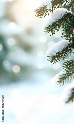 Snow-covered pine branches with a blurred winter background.