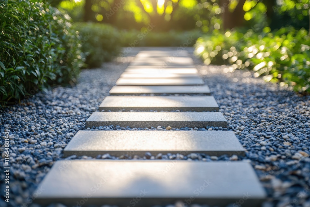 Stone path in a garden, bathed in sunlight. Perfect for illustrating tranquility, nature, and relaxation.