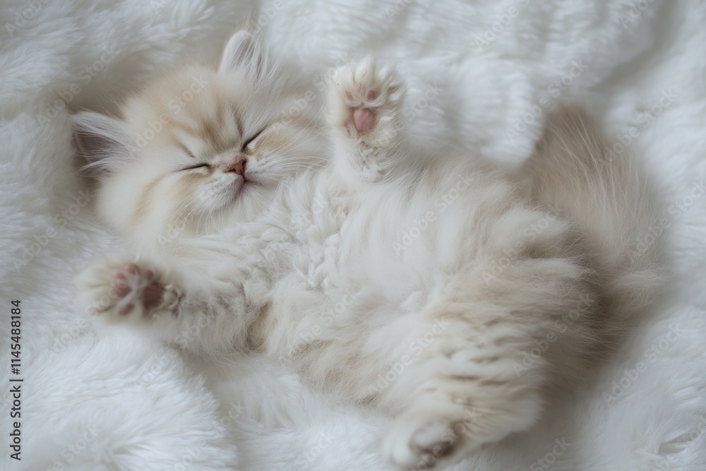 A fluffy kitten sleeping peacefully on a soft blanket. A fluffy kitten sleeping peacefully on a soft blanket.