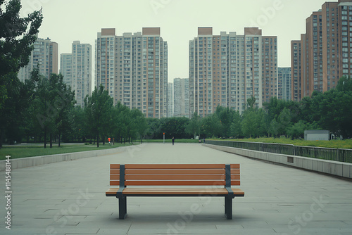 An empty bench in a serene park surrounded by tall buildings and lush greenery perfect for tranquil moments photo