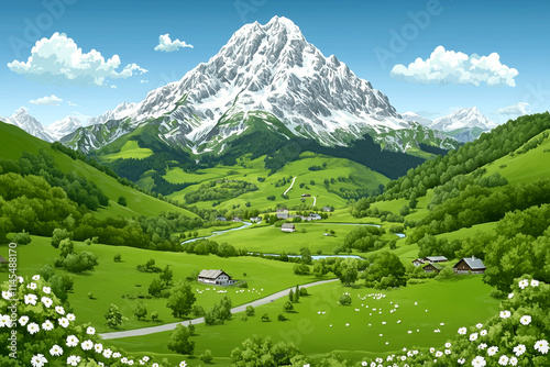 A mountain range with a green valley in between. The valley is dotted with small houses and a few sheep. The sky is clear and blue, and the mountains are covered in snow. The scene is peaceful photo