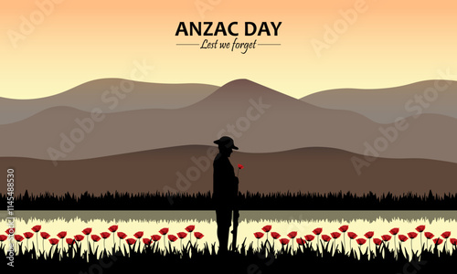 Vector illustration of beauty landscape. Remembrance day symbol. Lest we forget. Anzac day background with australian soldier and beauty landscape