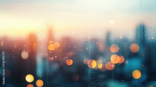 A blurred cityscape at sunset with soft bokeh lights creating a dreamy atmosphere.