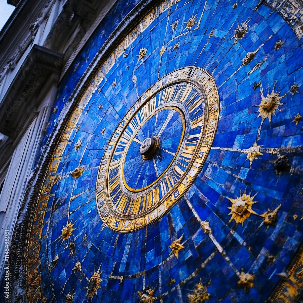 Fototapeta premium Intricate Blue Mosaic Clock Face Architectural Detail