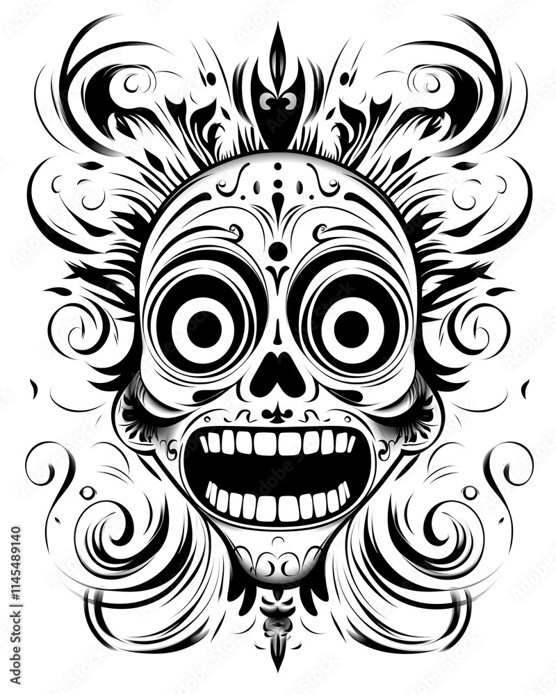 A black and white drawing of a skull with a smile on its face. The skull has a large mouth and is surrounded by swirls. Scene is eerie and unsettling A black and white drawing of a skull with a smile on its face. The skull has a large mouth and is surrounded by swirls. Scene is eerie and unsettling