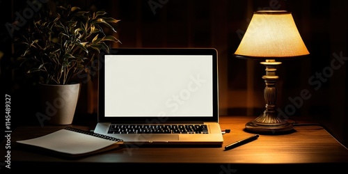A cozy workspace featuring a laptop, lamp, notebook, and plant in a dimly lit environment.