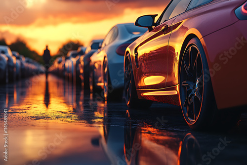 Cars line up at a red light under a setting sun their reflections shimmer on wet streets