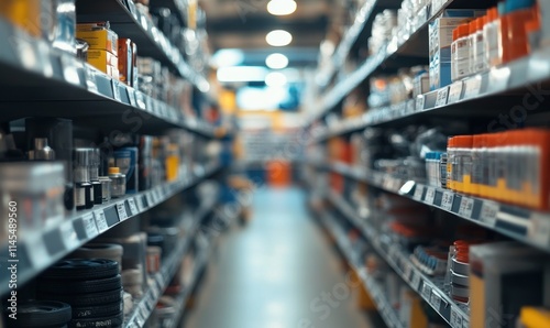 A view of a hardware store aisle filled with various tools and supplies.