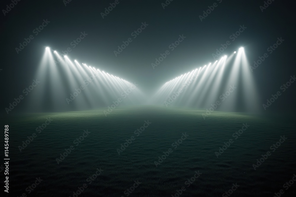 A foggy landscape illuminated by beams of light, creating a mysterious atmosphere.