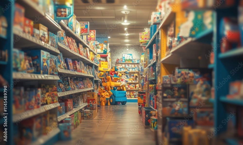 A vibrant toy store aisle filled with various games and toys for children.