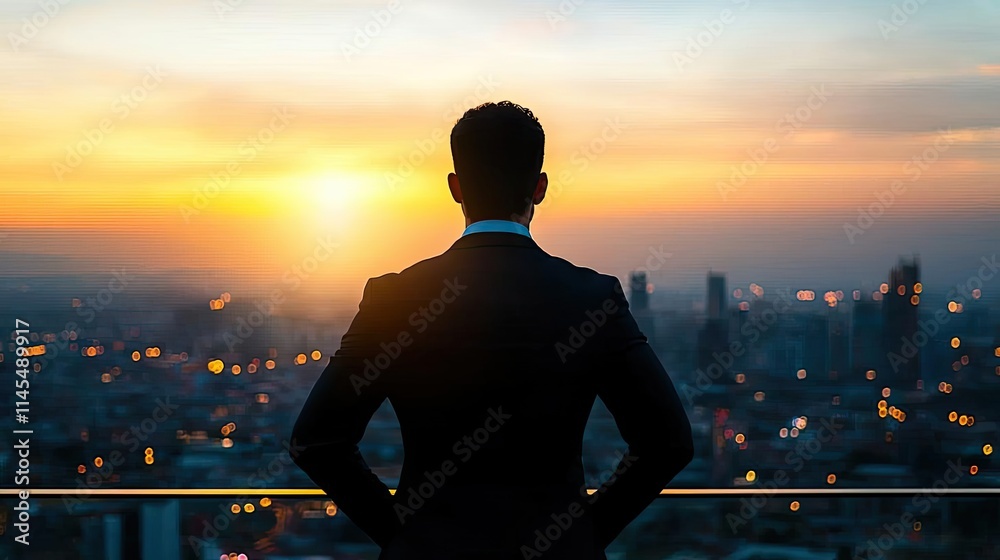 Businessman silhouettes idea. A silhouette of a man gazing at a beautiful sunset over a city skyline. Businessman silhouettes idea. A silhouette of a man gazing at a beautiful sunset over a city skyline.