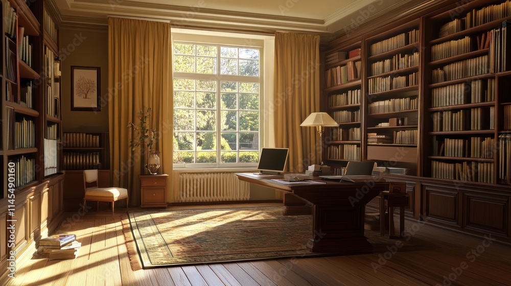 Sunlit Study: A Serene Home Library Sunlit Study: A Serene Home Library
