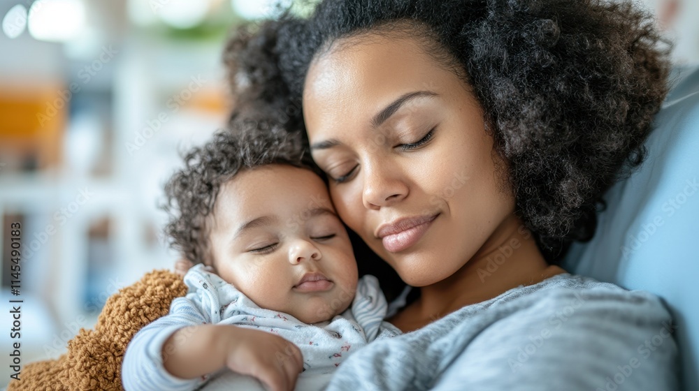 Obraz premium Peaceful mother and baby sleeping soundly together. Illustrates themes of motherhood, love, and tranquility.