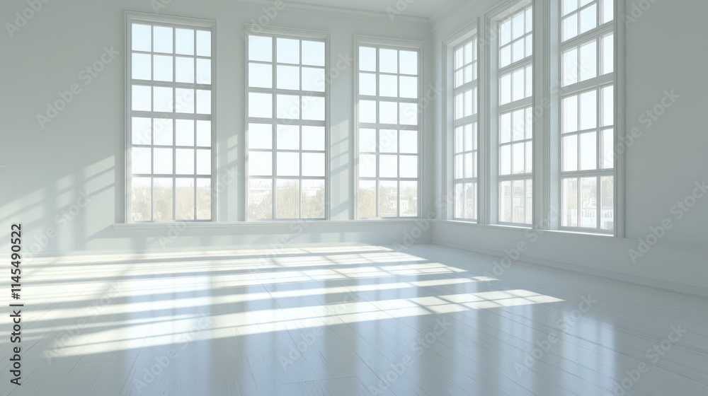 Fototapeta premium Bright, spacious room with large windows casting shadows on the floor.