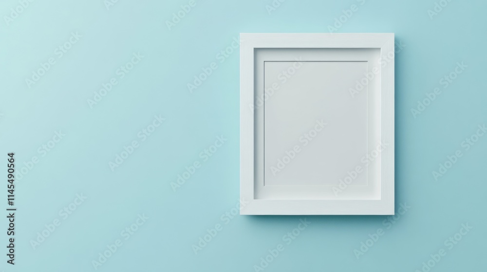 Empty White Frame on a Light Blue Wall: Minimalist Mockup for Your Designs Empty White Frame on a Light Blue Wall: Minimalist Mockup for Your Designs