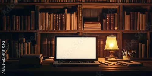A cozy workspace with a laptop, books, and a lamp, ideal for reading or studying.