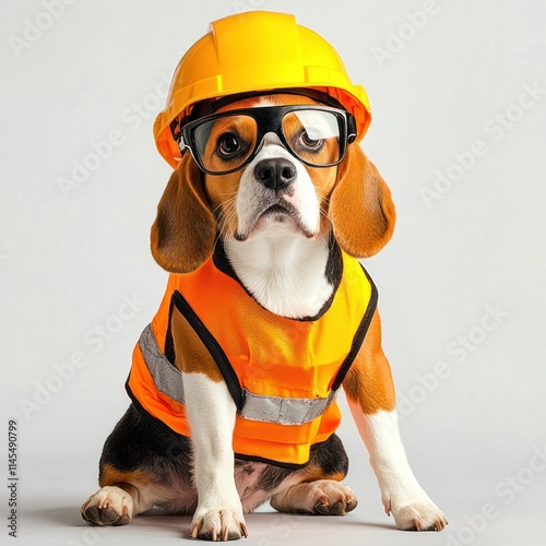 A beagle wearing a construction helmet and glasses, dressed in an orange safety vest. photo