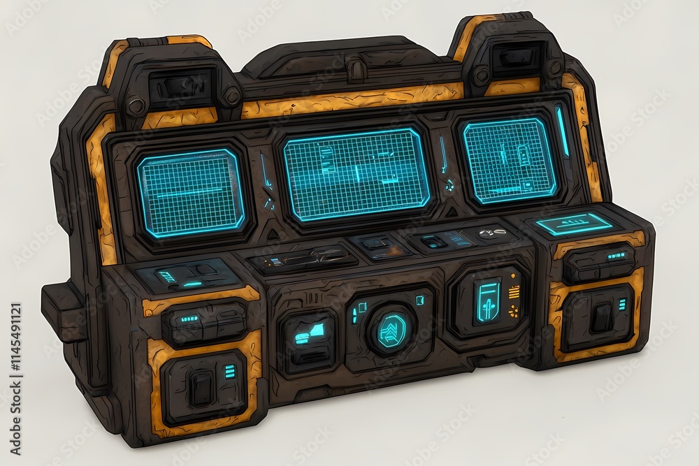 Fototapeta premium Futuristic Control Panel with Blue Display and Wooden Accents