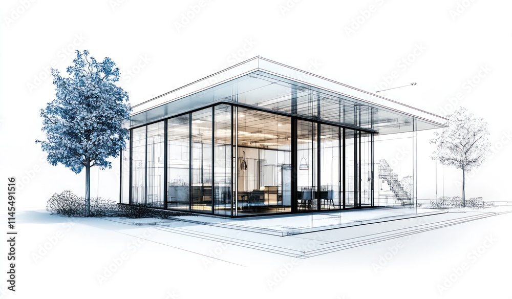 A modern glass building design featuring a minimalist aesthetic and surrounding greenery. A modern glass building design featuring a minimalist aesthetic and surrounding greenery.
