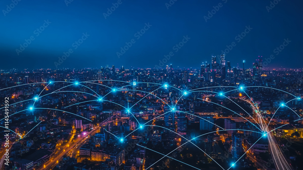 Fototapeta premium Smart digital Innovation city with connection network reciprocity over the cityscape. of future smart wireless city and social media networking systems that connects business people with in city