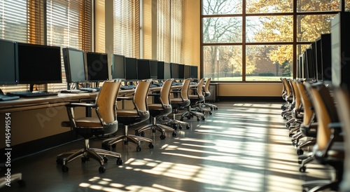 A modern computer lab with rows of desks and monitors, illuminated by natural light.