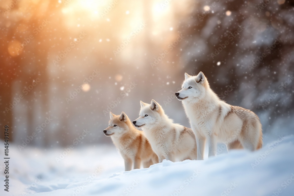 Three wolves standing in snow, illuminated by soft sunlight. Three wolves standing in snow, illuminated by soft sunlight.