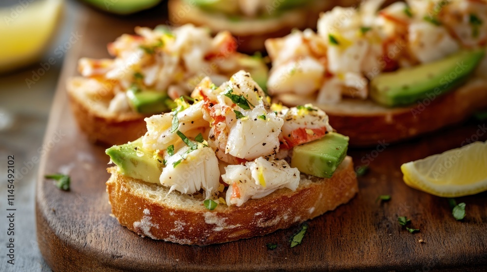 Delicious crab avocado toast garnished with herbs and lemon on a wooden board. Delicious crab avocado toast garnished with herbs and lemon on a wooden board.