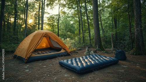 A yellow tent and inflatable sleeping pad in a forest. Perfect for showcasing camping, outdoor adventure, and relaxation.