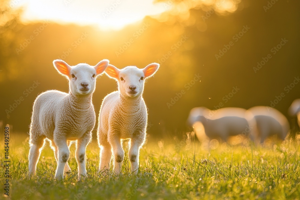 Fototapeta premium Two playful lambs in a sunlit field, capturing a serene rural atmosphere.