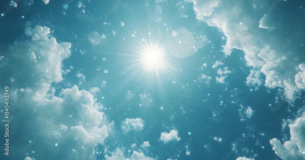 Bright Sunlight Over Clear Blue Sky with Fluffy Clouds and Sparkling Particles Creating a Serene and Dreamy Atmosphere Ideal for Nature and Wellness Themes Bright Sunlight Over Clear Blue Sky with Fluffy Clouds and Sparkling Particles Creating a Serene and Dreamy Atmosphere Ideal for Nature and Wellness Themes