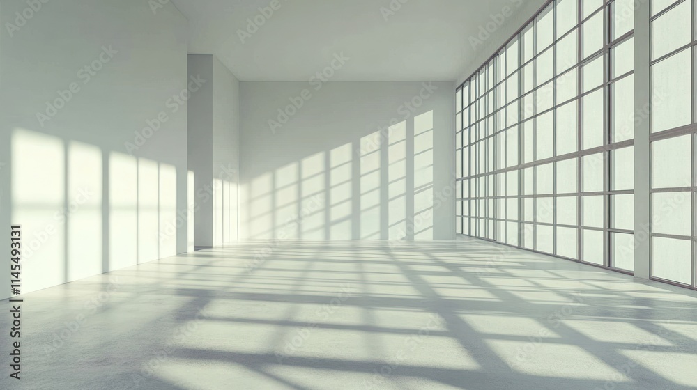 A spacious, minimalist room with large windows casting geometric shadows on the floor. A spacious, minimalist room with large windows casting geometric shadows on the floor.