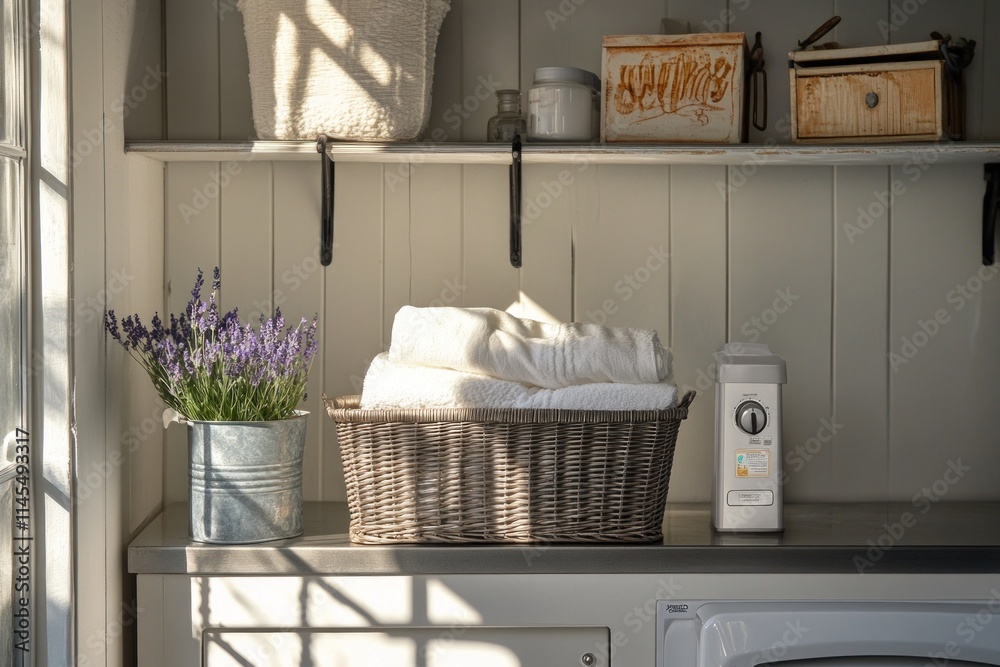 A cozy laundry space with folded towels, flowers, and storage boxes. A cozy laundry space with folded towels, flowers, and storage boxes.