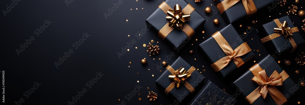 A collection of elegantly wrapped black gifts with gold accents on a dark surface. A collection of elegantly wrapped black gifts with gold accents on a dark surface.
